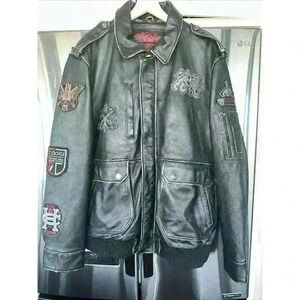 Coogi Leather Bomber Jacket Mens 3XL Patches Motorcycle Streetwear‎ Retro
